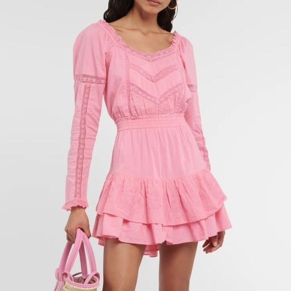 LoveShackFancy Sanaya Dress XL Vivid Pink Long‎ Sleeve Ruffle Tiered Lace Trim - Picture 2 of 16